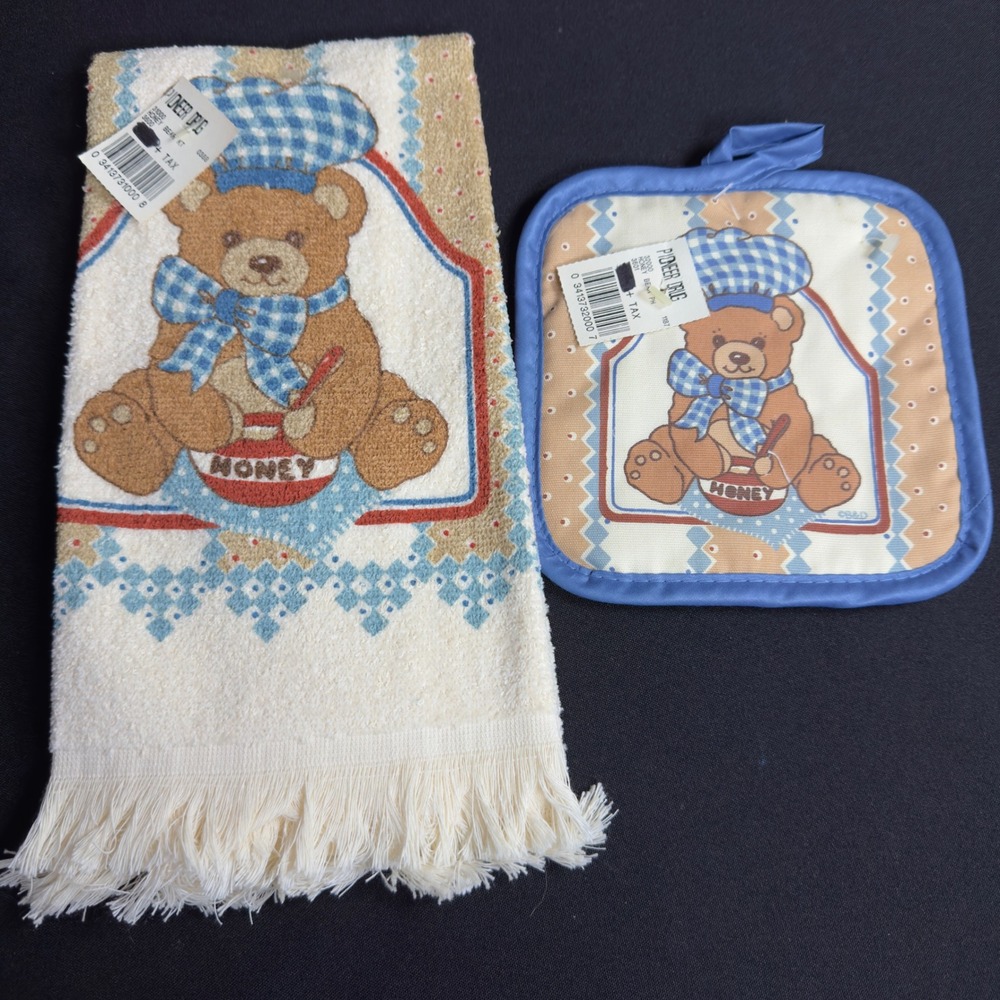 VTG Honey Bear Kitchen Towel & Pot HolderSet Blue Gingham Granny Cottagecore NOS